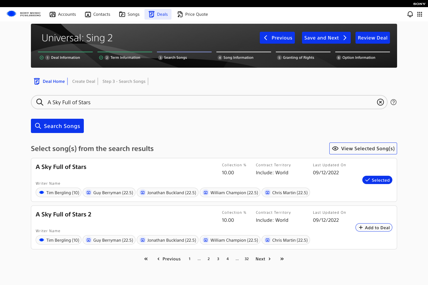 Production song search and selection screen showing writers, collection share, and contract territory